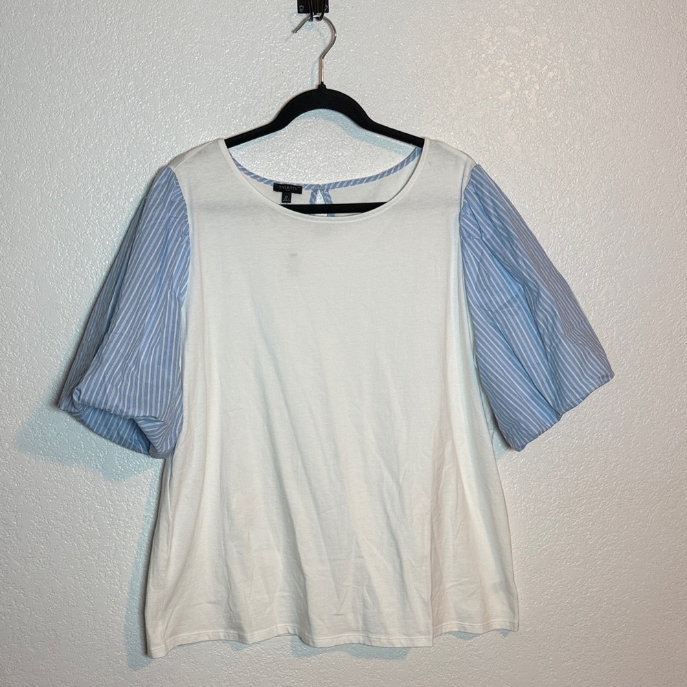 Talbots Blue & White Mixed Media Puff Sleeve Tee Shirt Size 2X NWT Preppy